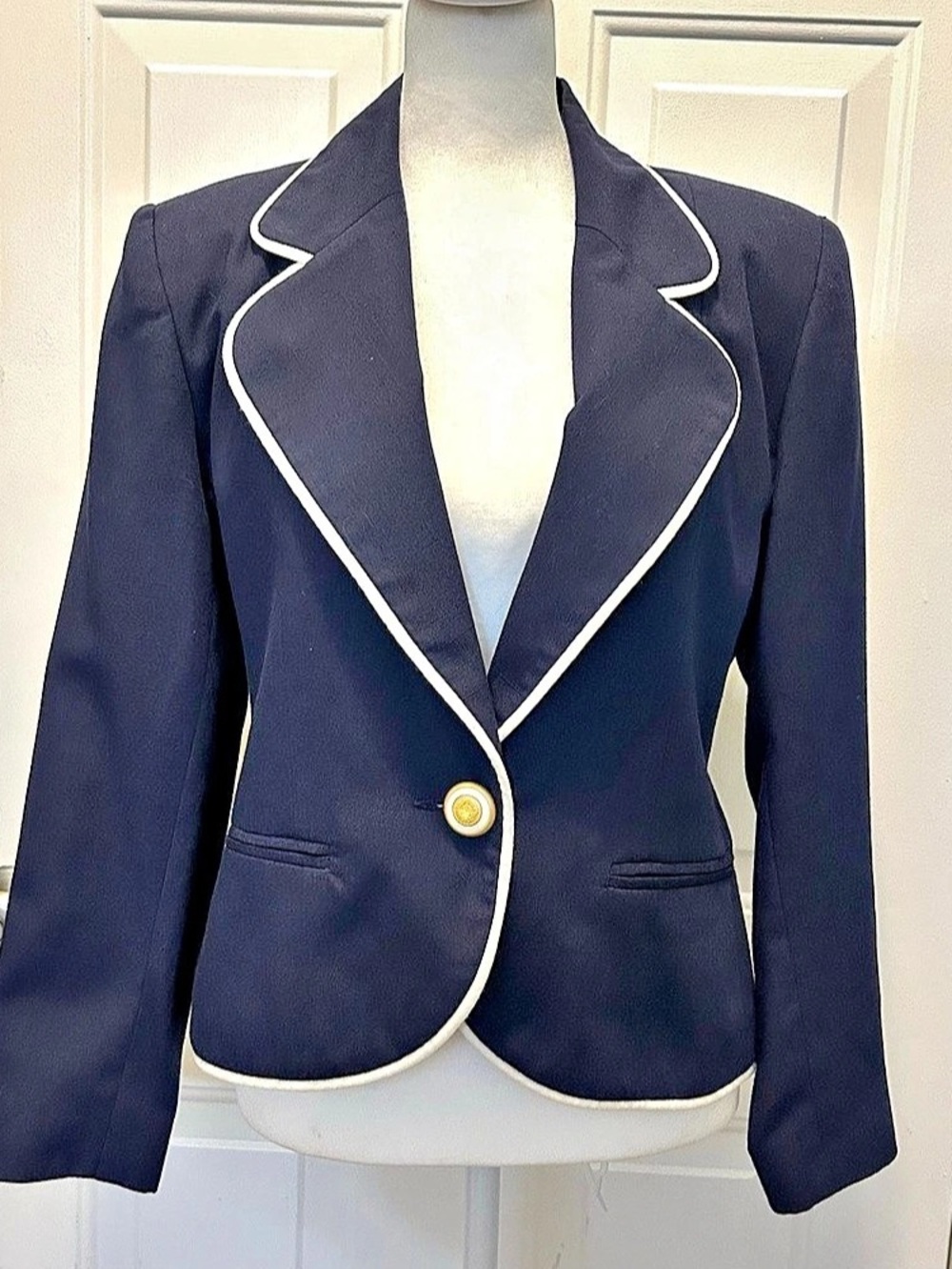 Casual Corner Blazer Jacket Womens 6P Petite Navy Lined Pockets Piping Buttons
